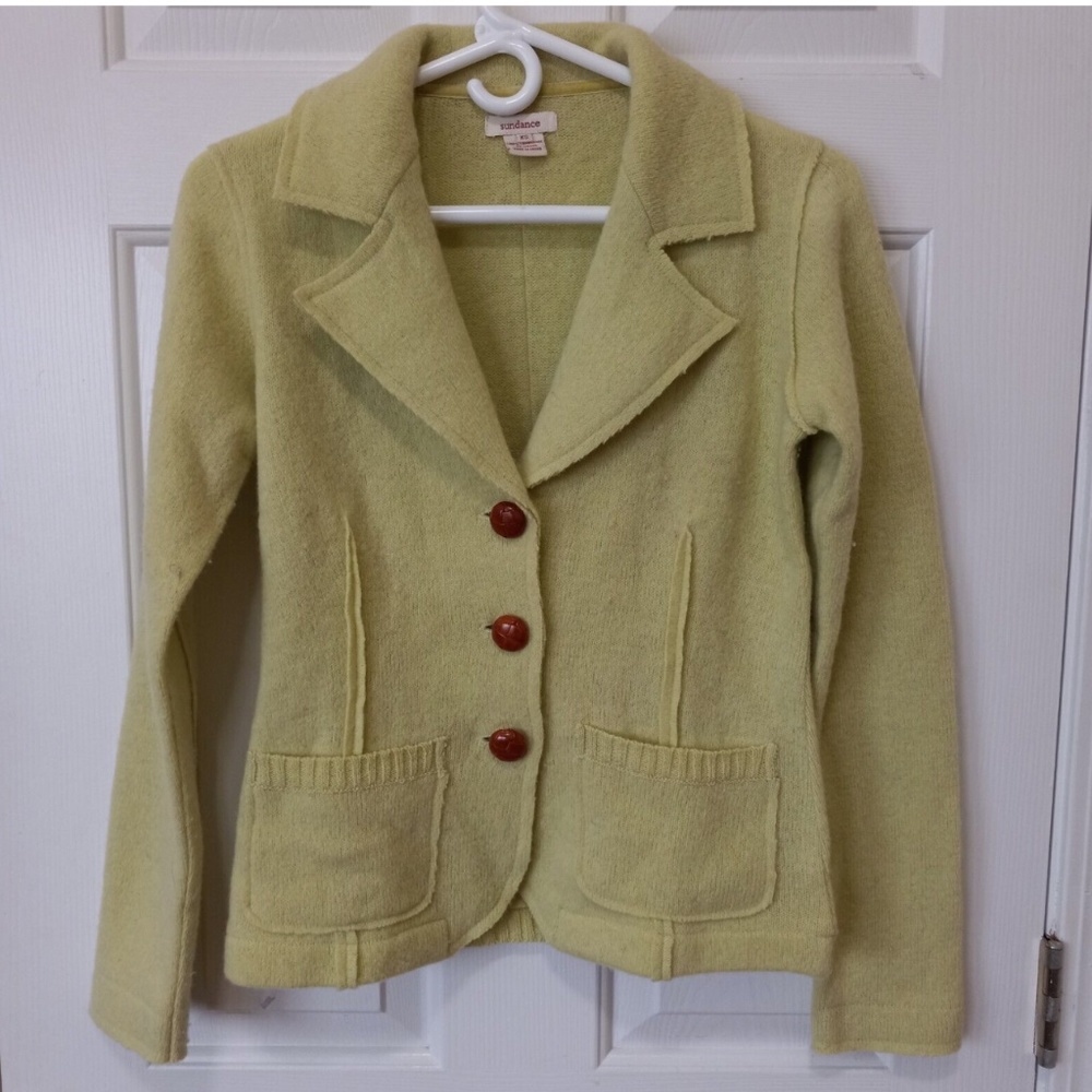 SUNDANCE Light Lime Green Lambswool Button Cardigan Jacket (Size XS)